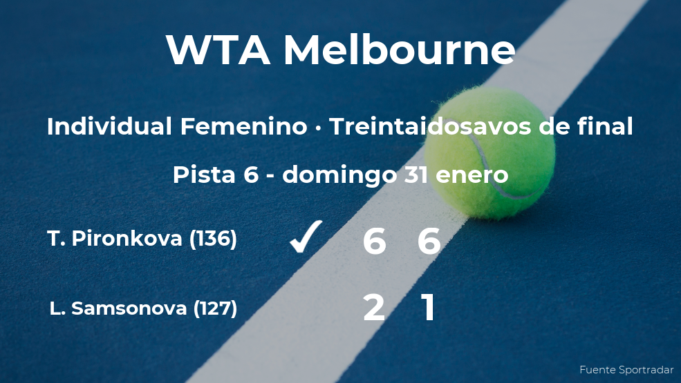 La tenista Tsvetana Pironkova logra clasificarse para los dieciseisavos de final a costa de la tenista Liudmila Samsonova La tenista Tsvetana Pironkova logra clasificarse para los dieciseisavos de final a costa de la tenista Liudmila Samsonova