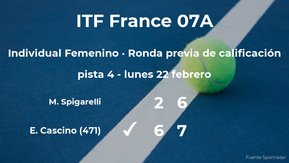 Estelle Cascino consigue ganar en la ronda previa de calificación contra la tenista Martina Spigarelli Estelle Cascino consigue ganar en la ronda previa de calificación contra la tenista Martina Spigarelli