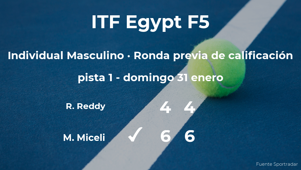 El tenista Marco Miceli ganó a Rishi Reddy en la ronda previa de calificación del torneo de Sharm El Sheikh El tenista Marco Miceli ganó a Rishi Reddy en la ronda previa de calificación del torneo de Sharm El Sheikh