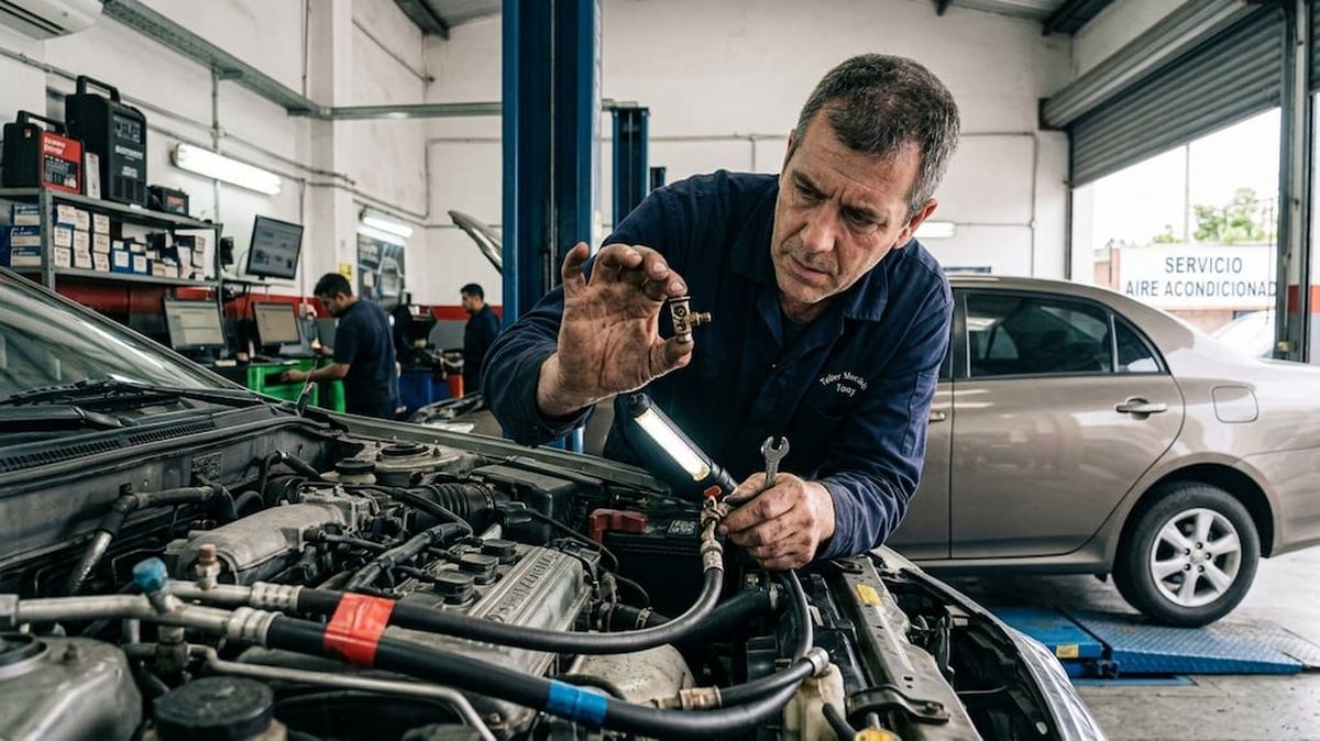 El mecánico señala la válvula que suele fallar en el aire acondicionado del auto.