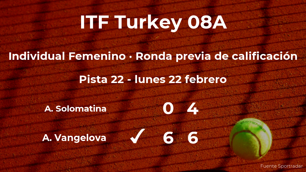 La tenista Ani Vangelova logra ganar en la ronda previa de calificación a costa de la tenista Arina Solomatina La tenista Ani Vangelova logra ganar en la ronda previa de calificación a costa de la tenista Arina Solomatina