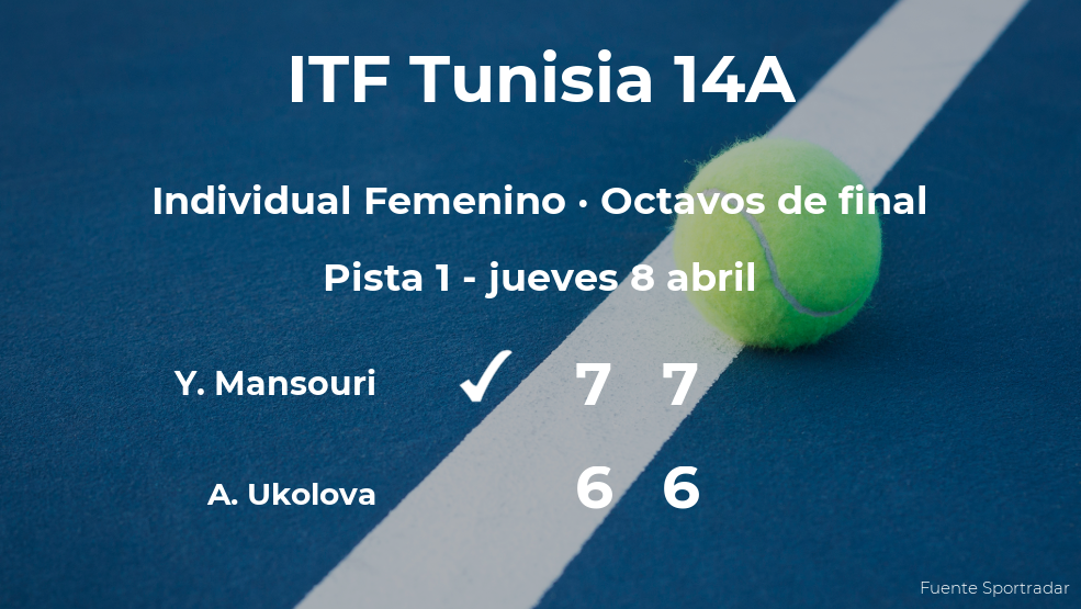 La tenista Yasmine Mansouri consigue clasificarse para los cuartos de final a costa de Anna Ukolova La tenista Yasmine Mansouri consigue clasificarse para los cuartos de final a costa de Anna Ukolova