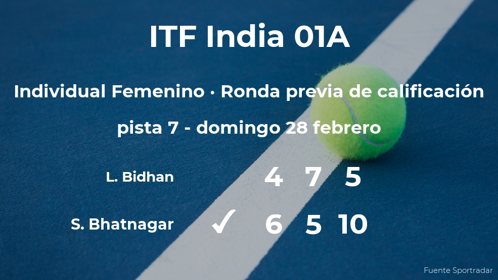 La tenista Sonashe Bhatnagar consigue ganar en la ronda previa de calificación a costa de Lagan Bidhan