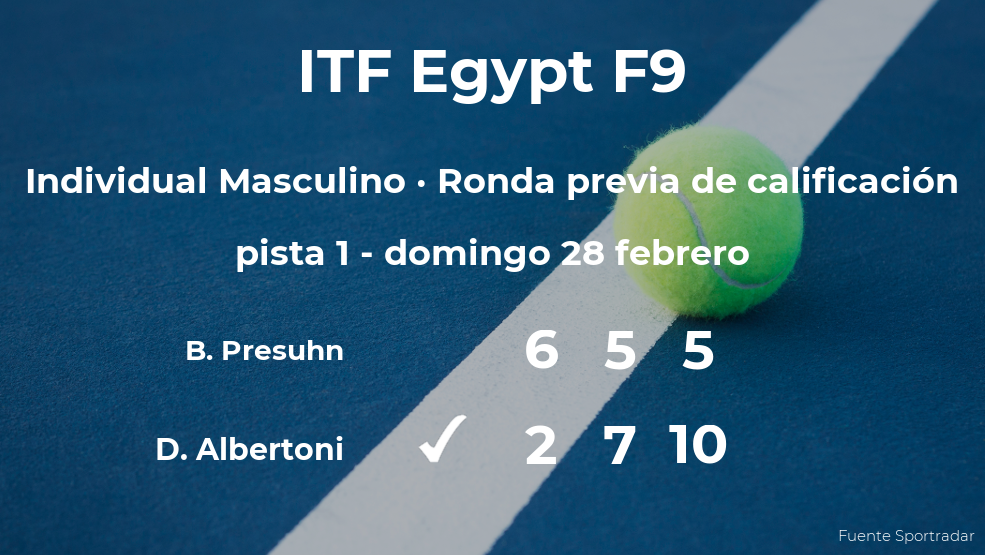 El tenista Davide Albertoni consigue vencer en la ronda previa de calificación contra el tenista Bastien Presuhn