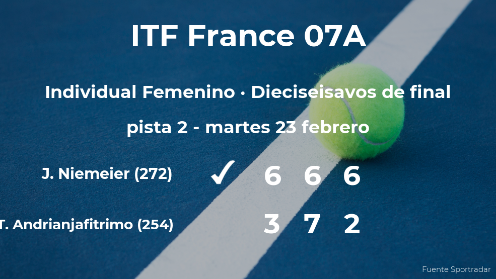 Jule Niemeier logra clasificarse para los octavos de final a costa de la tenista Tessah Andrianjafitrimo Jule Niemeier logra clasificarse para los octavos de final a costa de la tenista Tessah Andrianjafitrimo